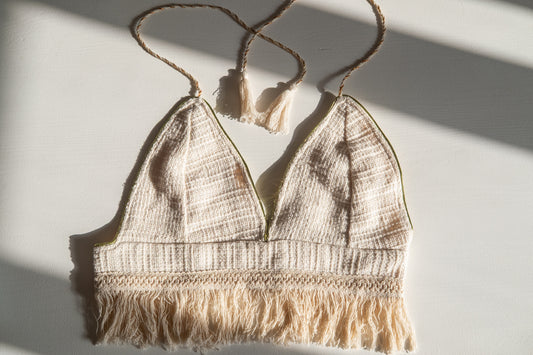 Cotton Chanel Inspired Crop Halter Top With Lurex Trim & Tassels
