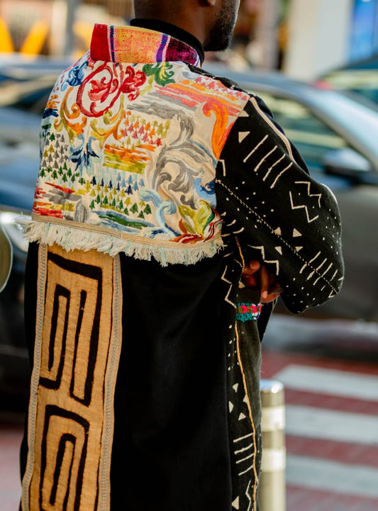Unisex up-cycled Overcoat with back embroidery panels