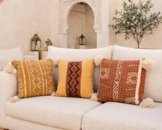 Set of 3 Pillows - Authentic African Textile Pillow covers with handmade tassels