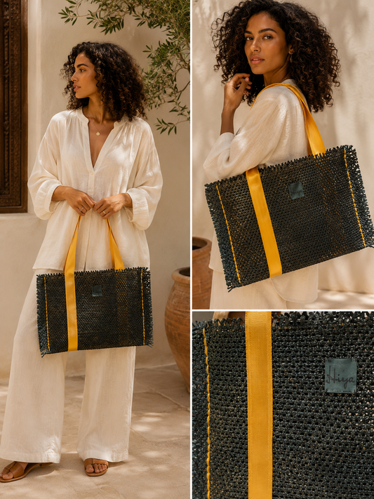 Perforated Metallic Genuine Leather Handbag with Satin Weave Straps