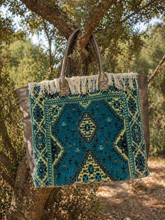 Moroccan Carpet & Leather Boho Tote