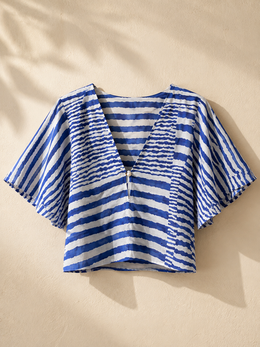 Cropped Flutter Sleeve Blouse with Lurex Trim