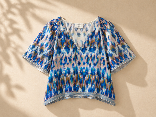 Cropped Raglan Flutter Sleeve Blouse with Lurex Trim