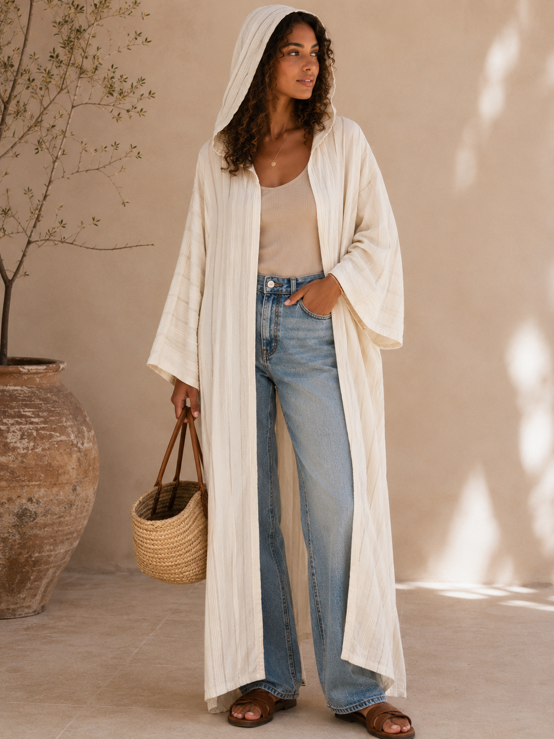 Long Hooded Sateen Jacquard Kimono Jillaba Robe