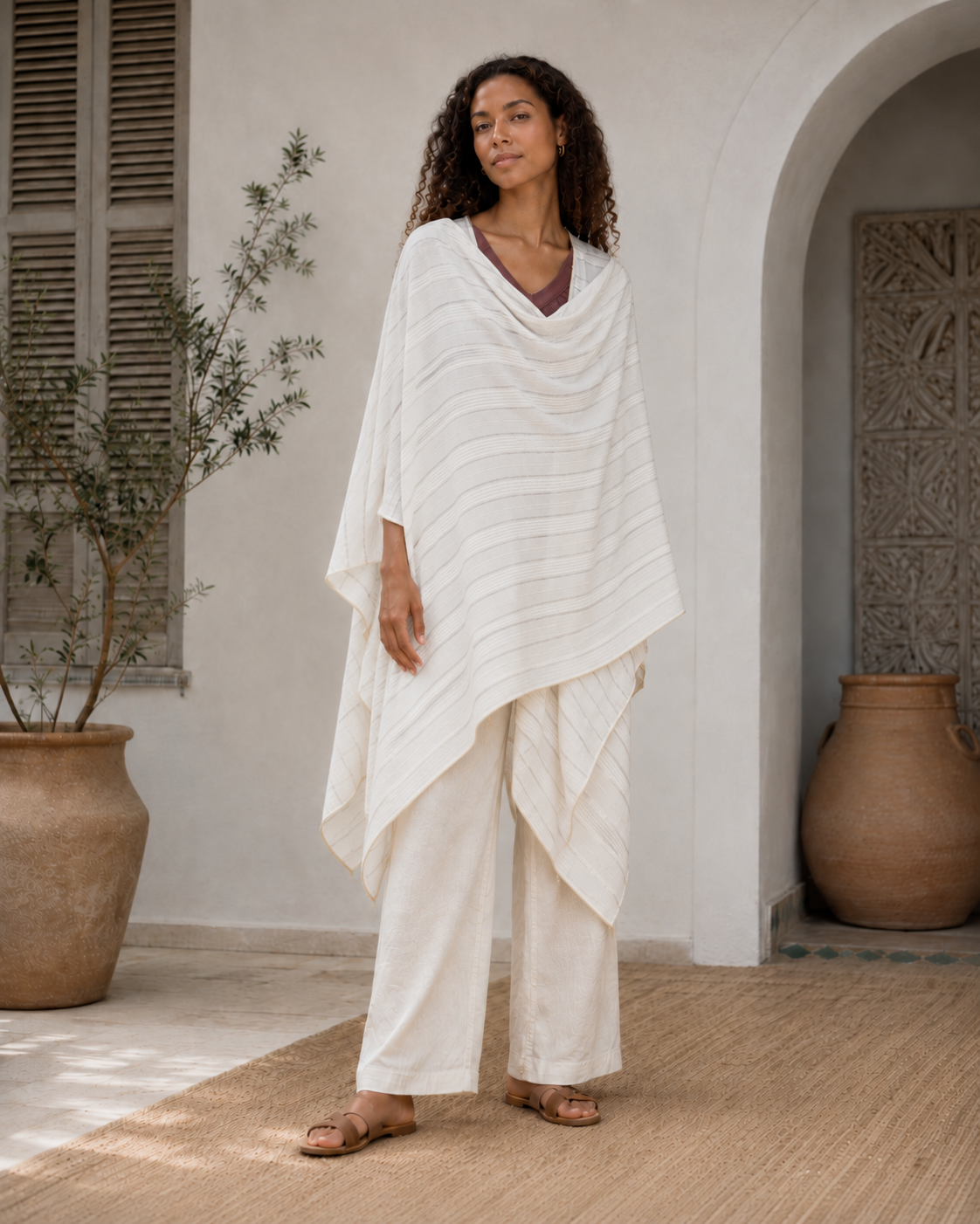 Sateen Jacquard Kimono Shawl Cape with Lurex Trim