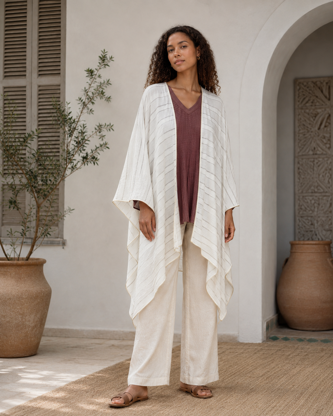 Sateen Jacquard Kimono Shawl Cape with Lurex Trim