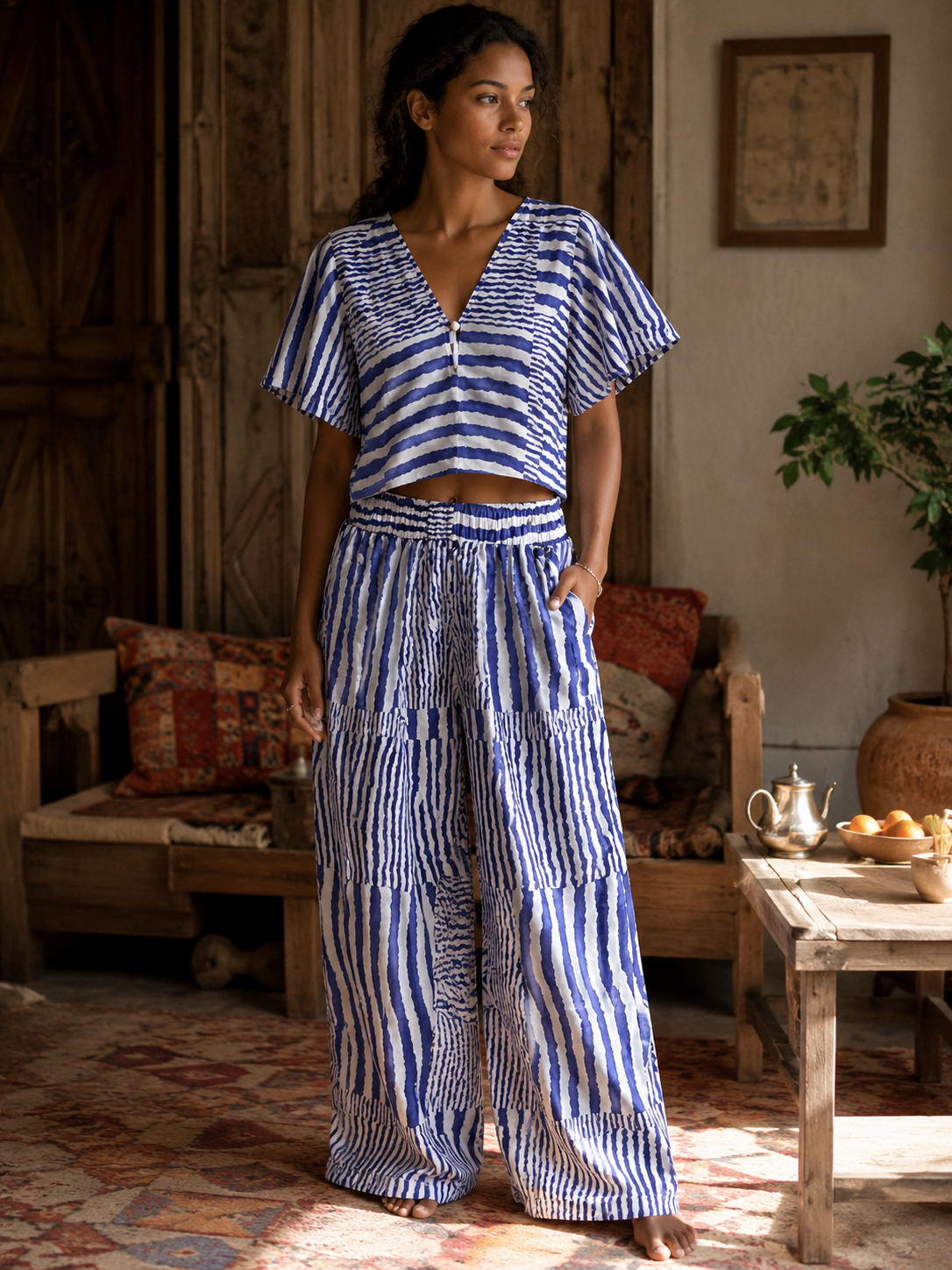 Cropped Flutter Sleeve Blouse & Pant Set with Lurex Trim