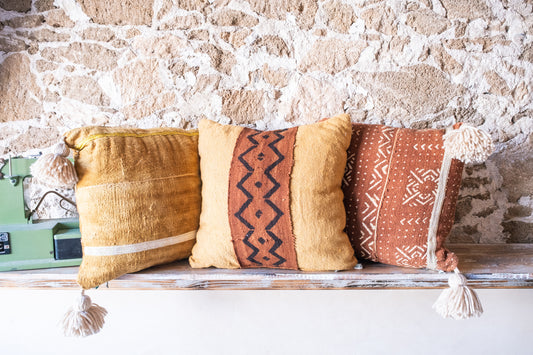 Set of 3 Pillows - Authentic African Textile Pillow covers with handmade tassels