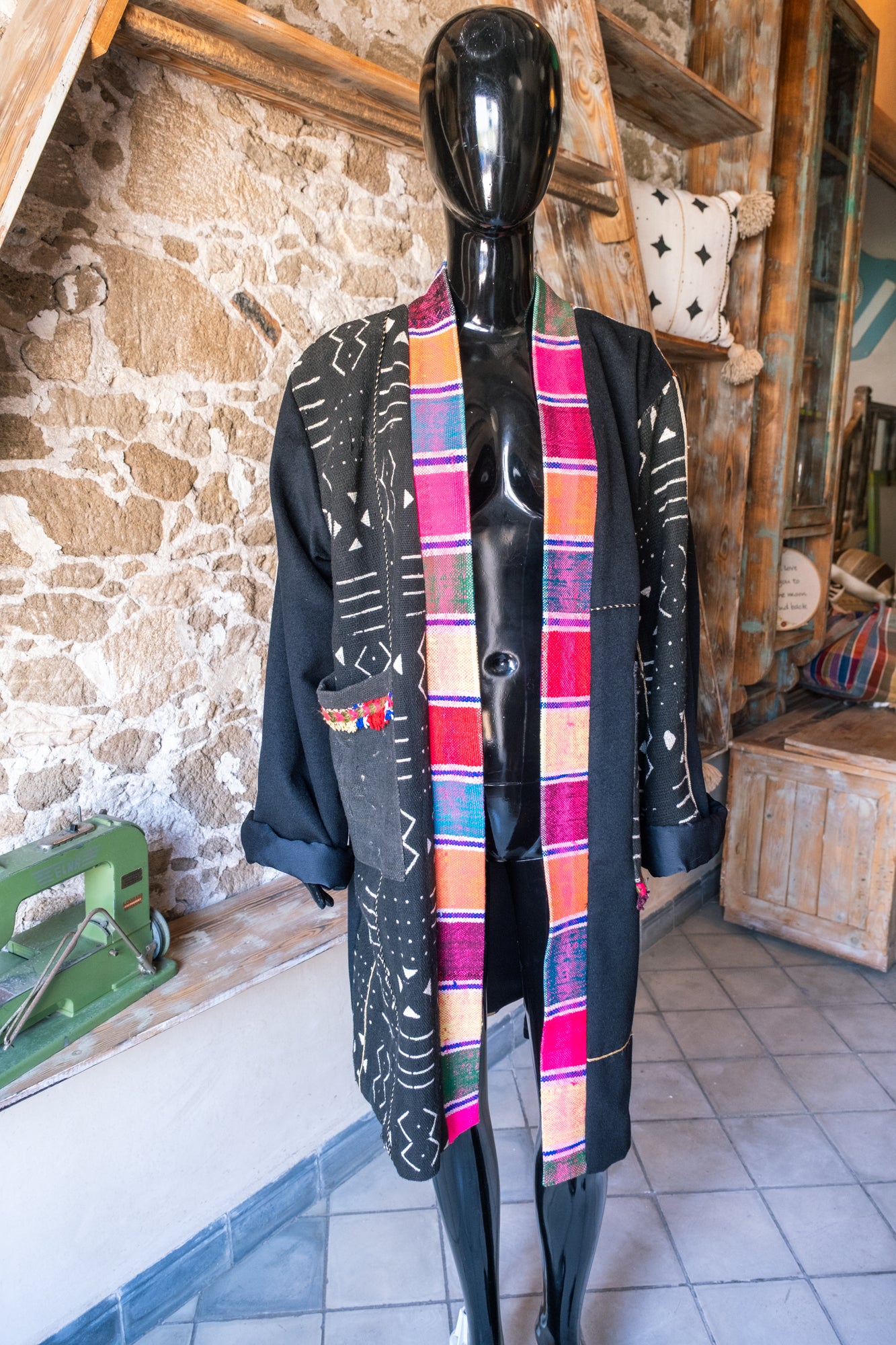 Unisex up-cycled Overcoat with back embroidery panels