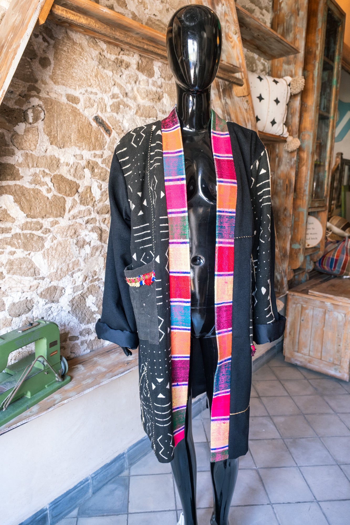 Unisex up-cycled Overcoat with back embroidery panels