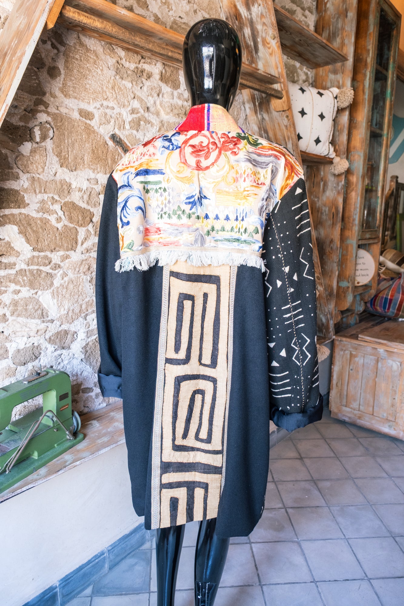 Unisex up-cycled Overcoat with back embroidery panels
