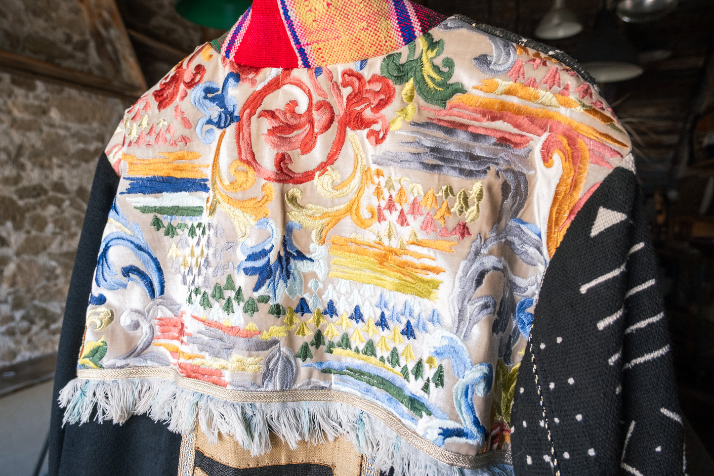 Unisex up-cycled Overcoat with back embroidery panels