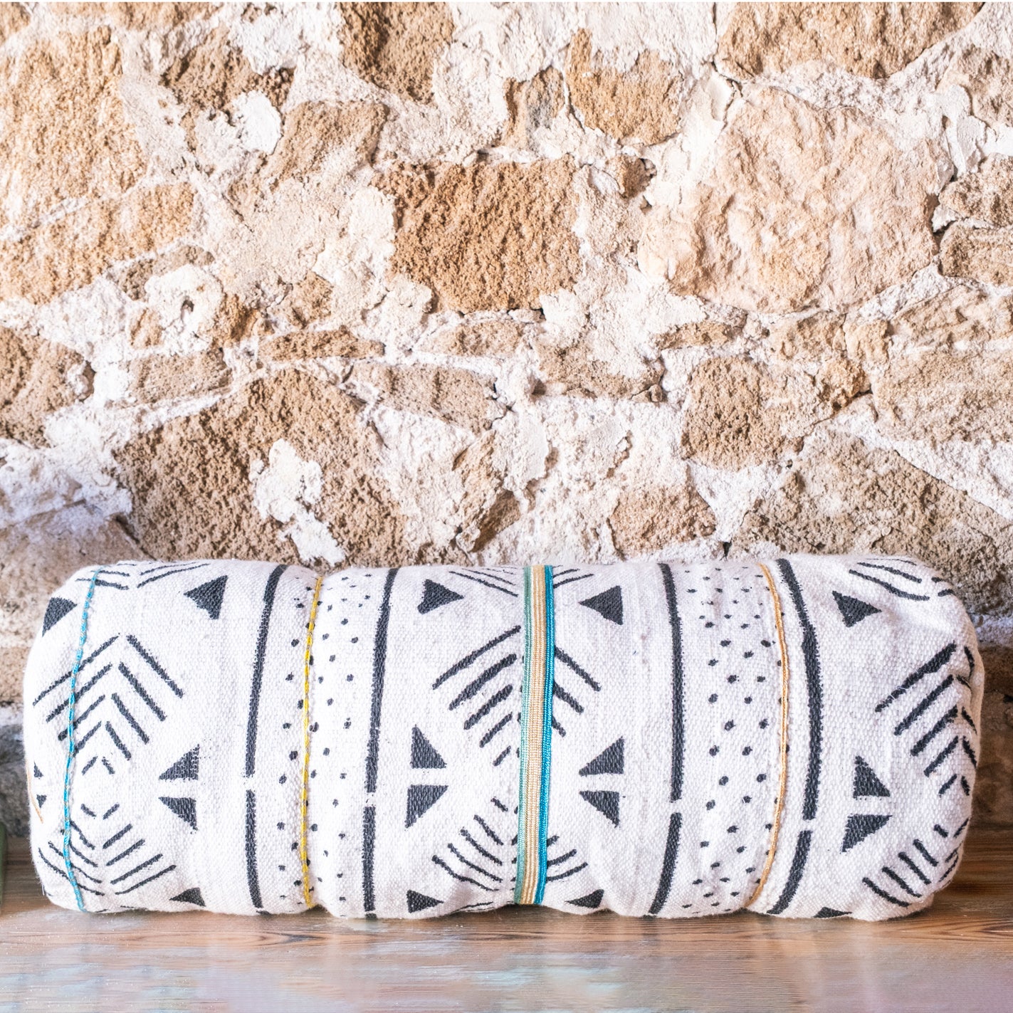 African Textile Decorative Roll Pillow with silk trim