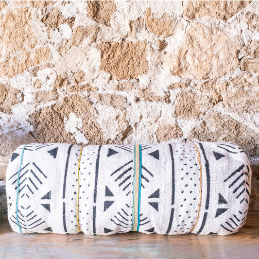 African Textile Decorative Roll Pillow with silk trim