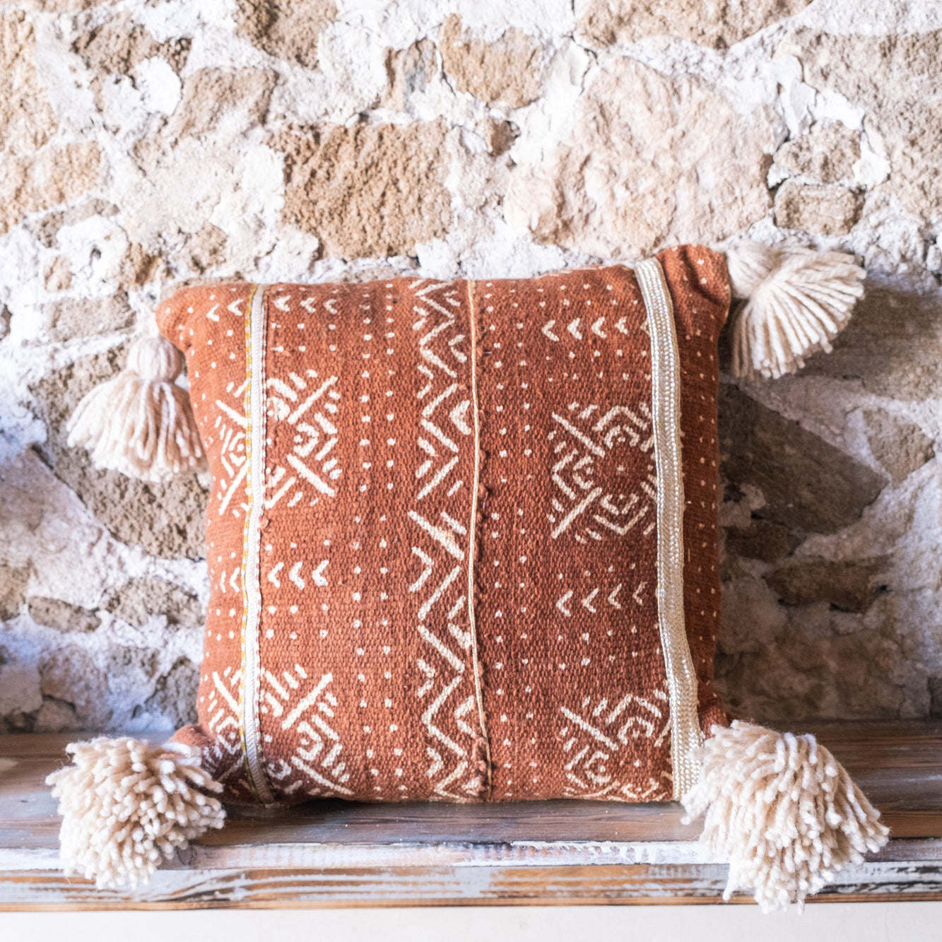 African Textile Pillow Cover with Handmade Tassels