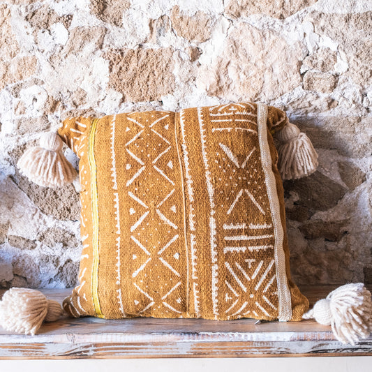 African Textile Pillow Cover with Handmade Tassels