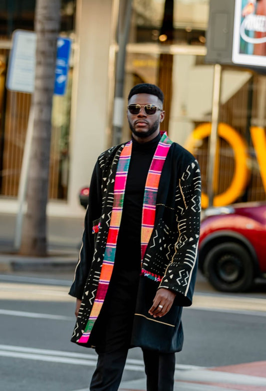 Up-cycled Handmade Unisex Overcoat with back embroidery panels